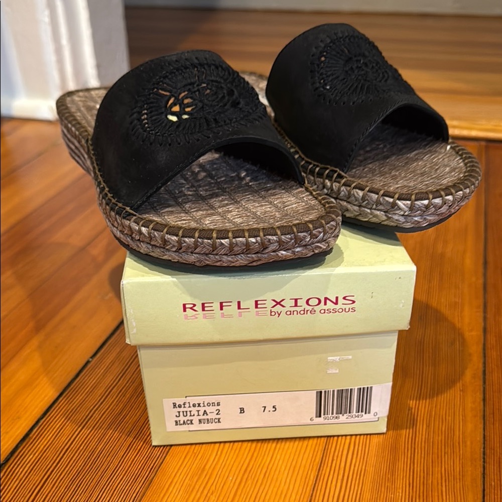 Andre Assous Reflexions Black Leather Woven Sandals NWT
